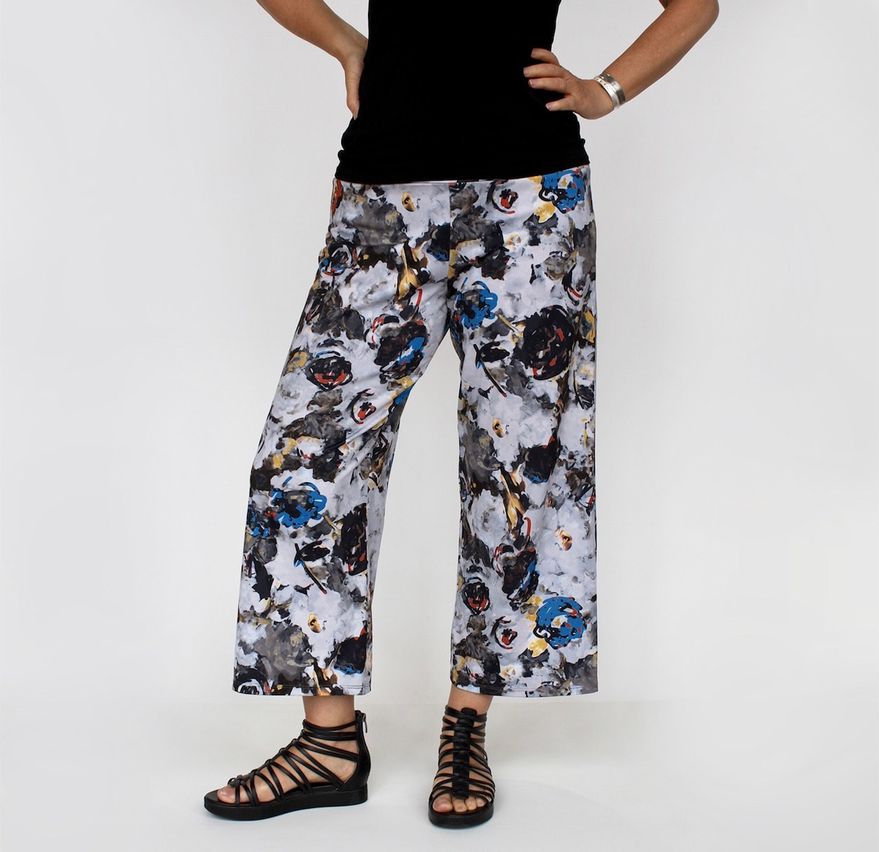 Women's wide leg capri pant in abstract floral print stretch knit active  wear fabric